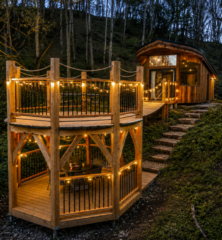 Toad Hideout woodland glamping cabin with two-storey outdoor deck at Tree Tops and Train Tracks in North Wales